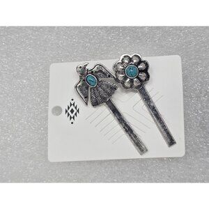 Western Style Silver Tone Hair Pins With Faux Turquoise Stones Bird & Flower